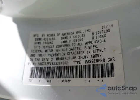 2014 Honda Accord Sport from USA, damaged, VIN 1HGCR2F55EA281202